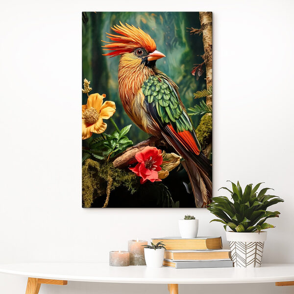 Colorful bird sitting on a branch with flowers Colorful bird sitting on a branch with flowers