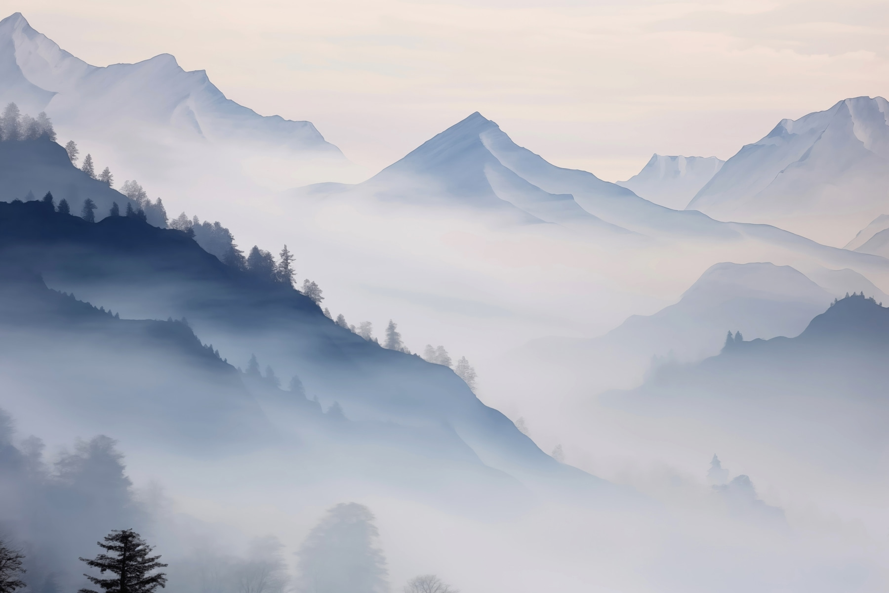 Mountain range with trees and fog Mountain range with trees and fog