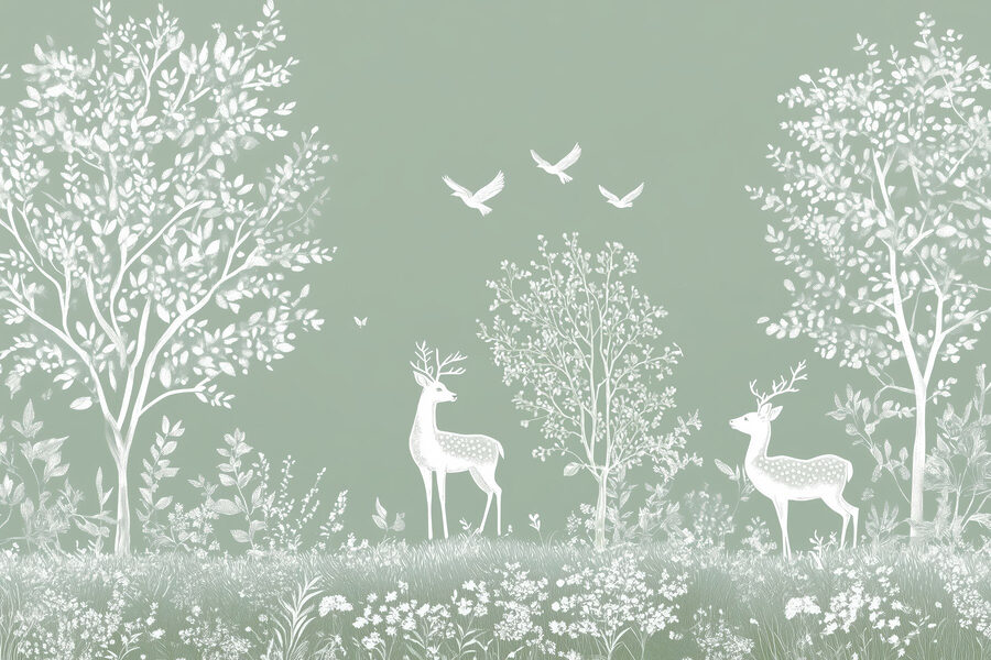 Ciervos blancos y aves en un campo