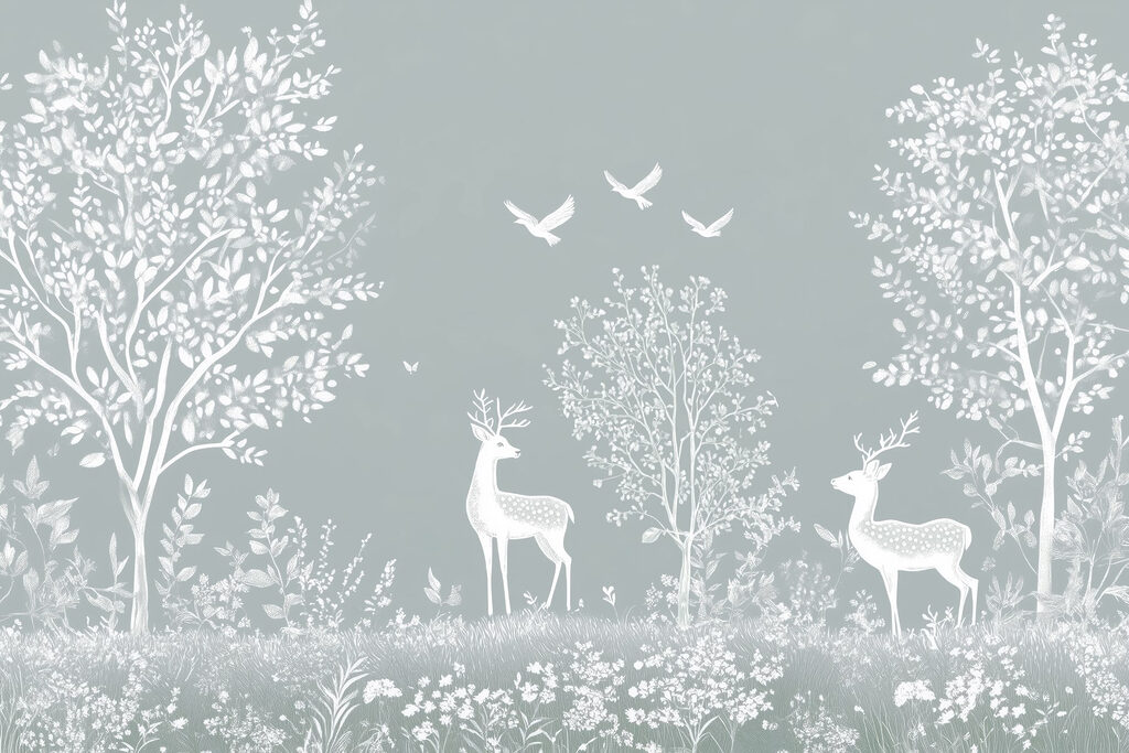 Ciervos blancos y pájaros en un bosque Ciervos blancos y pájaros en un bosque