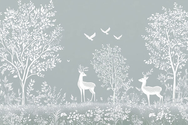 Ciervos blancos y pájaros en un bosque Ciervos blancos y pájaros en un bosque