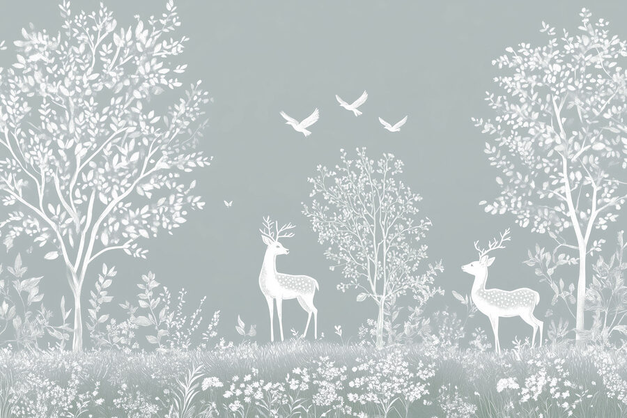 Ciervos blancos y pájaros en un bosque