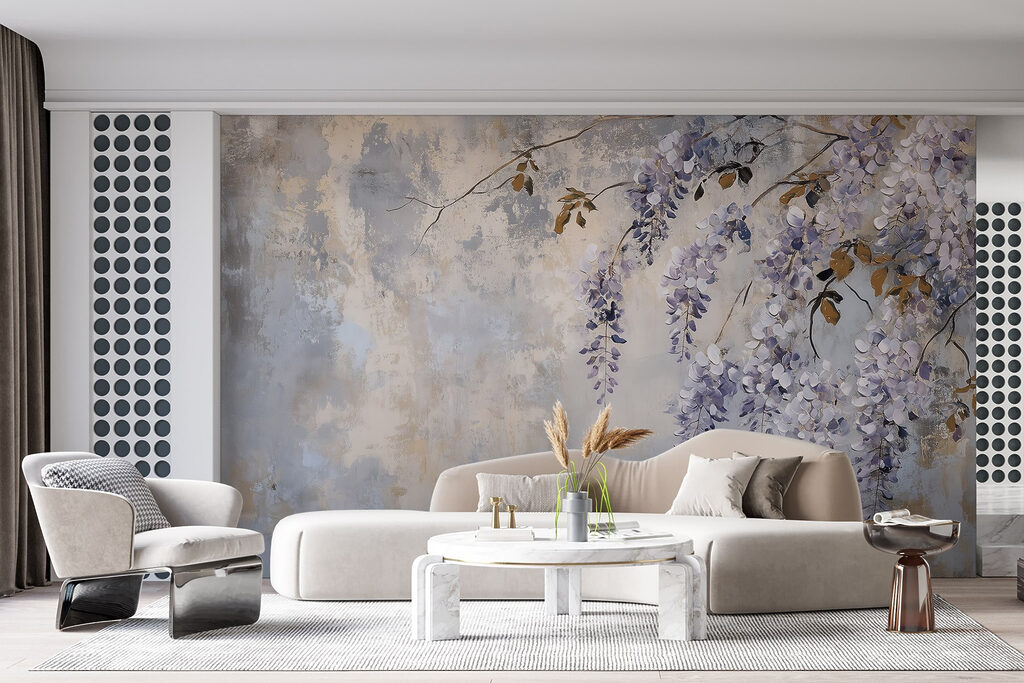 Painting of a branch with purple flowers