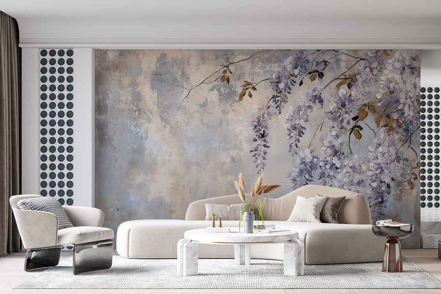 Pintura de una rama con flores moradas