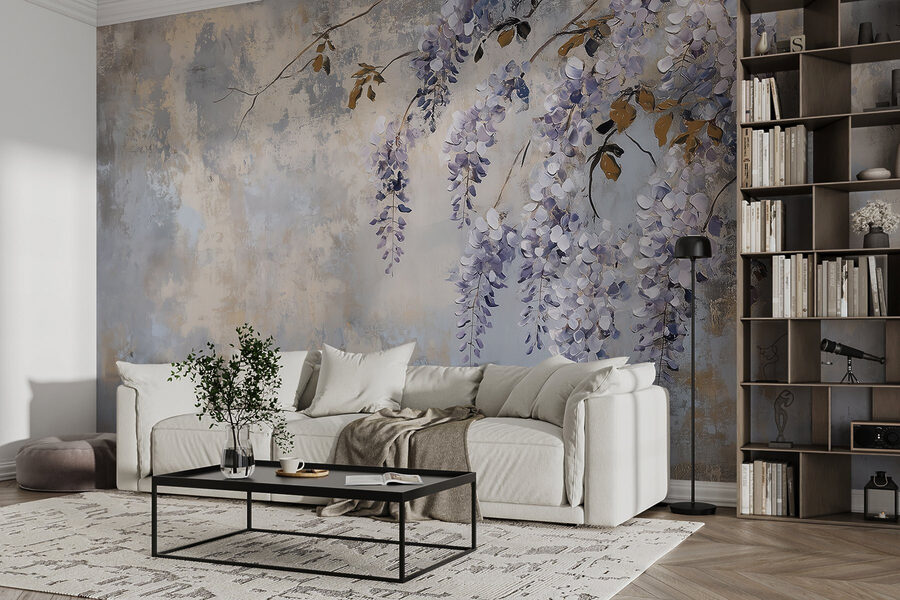 Pintura de una rama con flores moradas