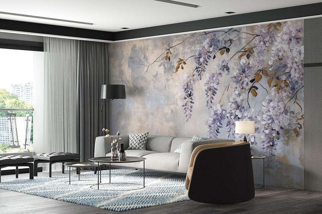 Painting of a branch with purple flowers