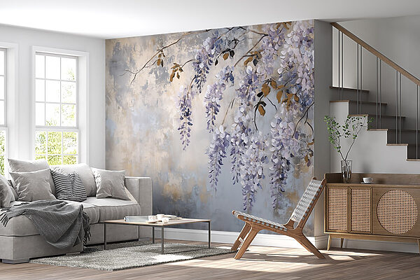 Pintura de una rama con flores moradas Pintura de una rama con flores moradas