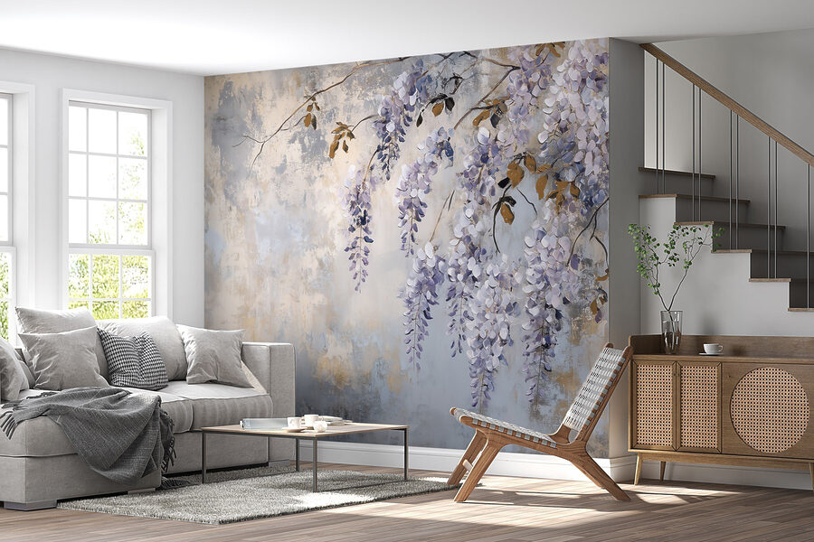 Pintura de una rama con flores moradas