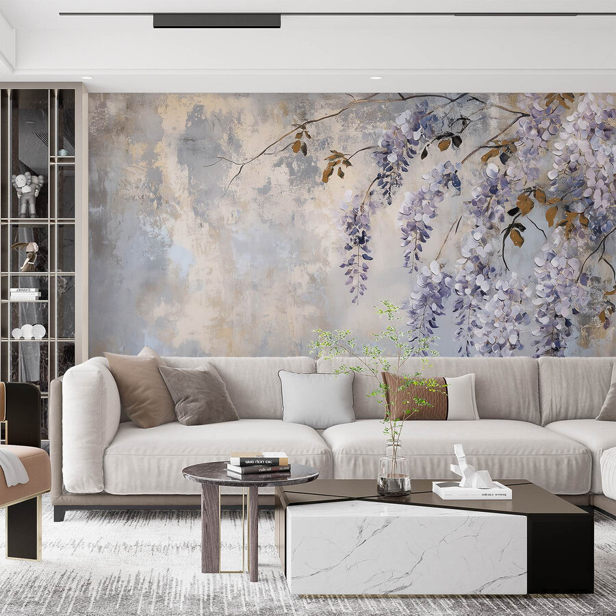 Pintura de una rama con flores moradas