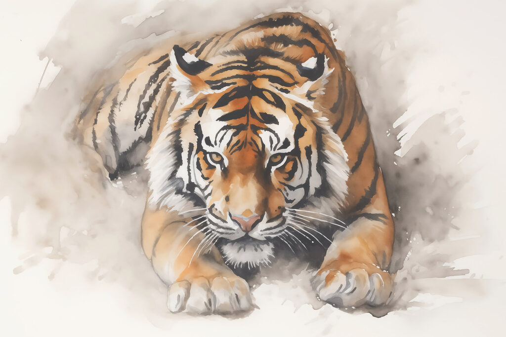 Watercolor of a tiger lying down Watercolor of a tiger lying down