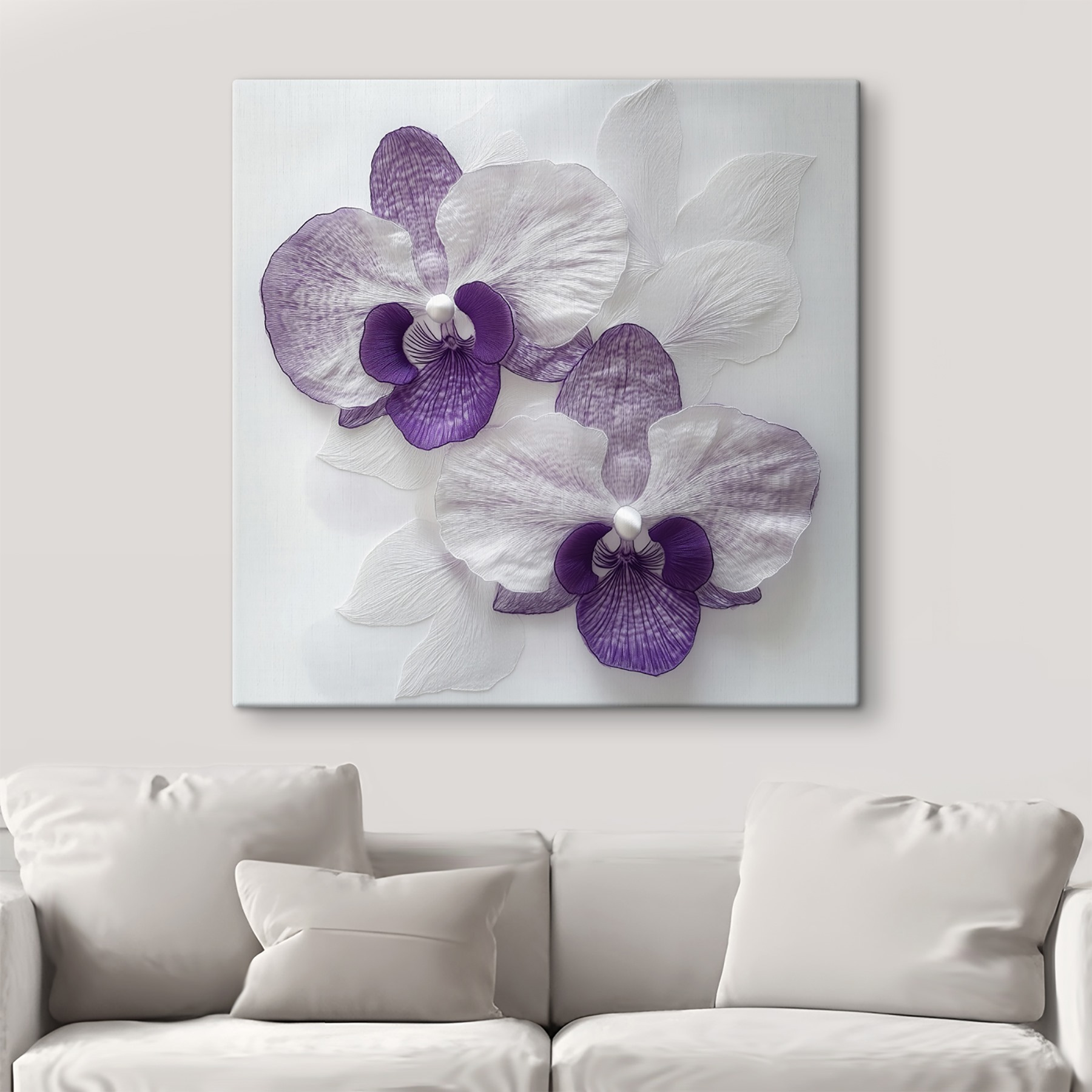 Purple and white flowers on a white surface