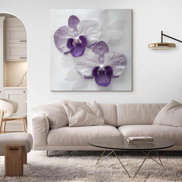 Purple and white flowers on a white surface