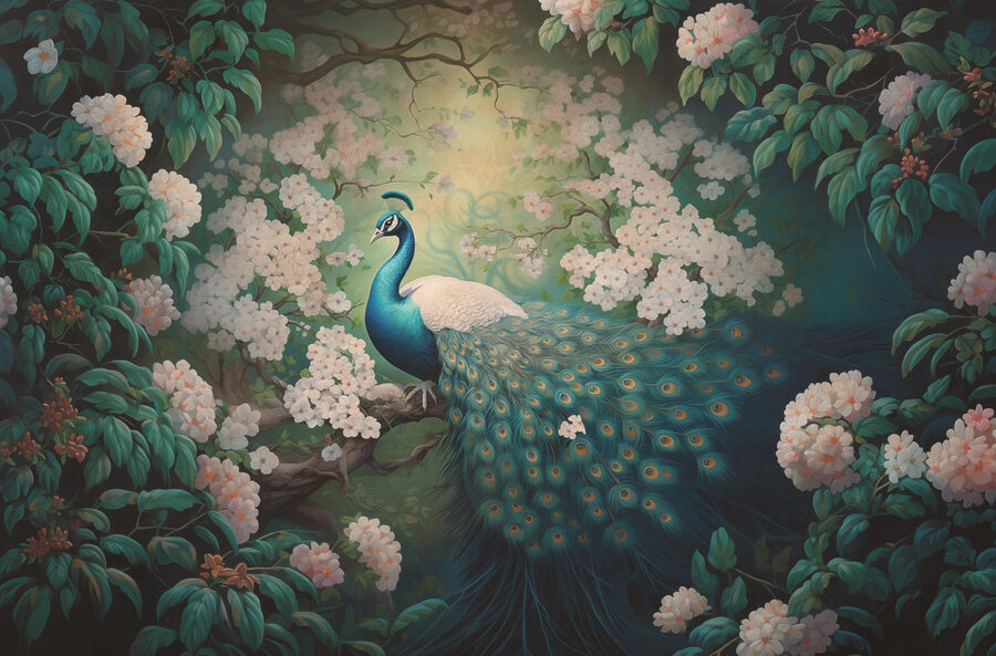 Pintura de un pavo real en la rama de un árbol
