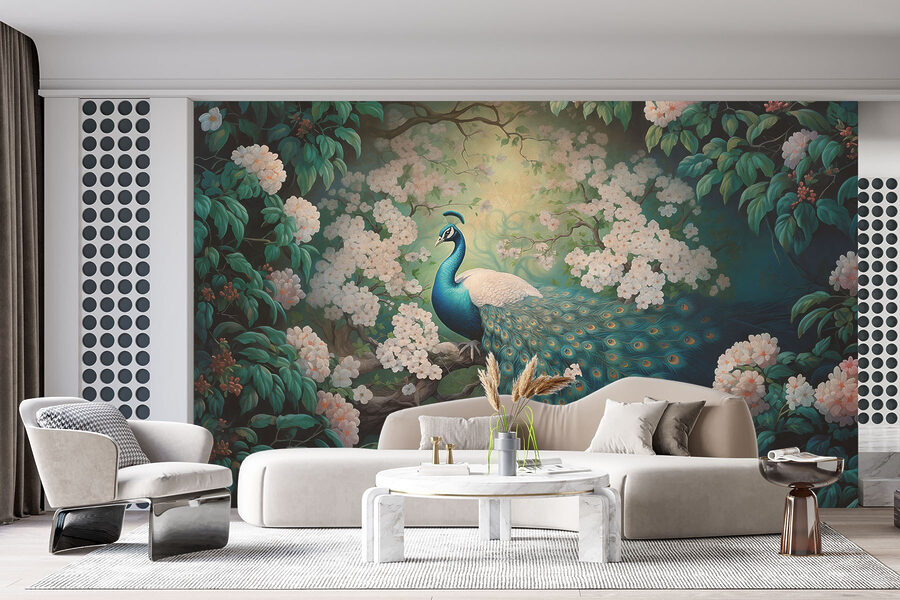 Pintura de un pavo real en la rama de un árbol