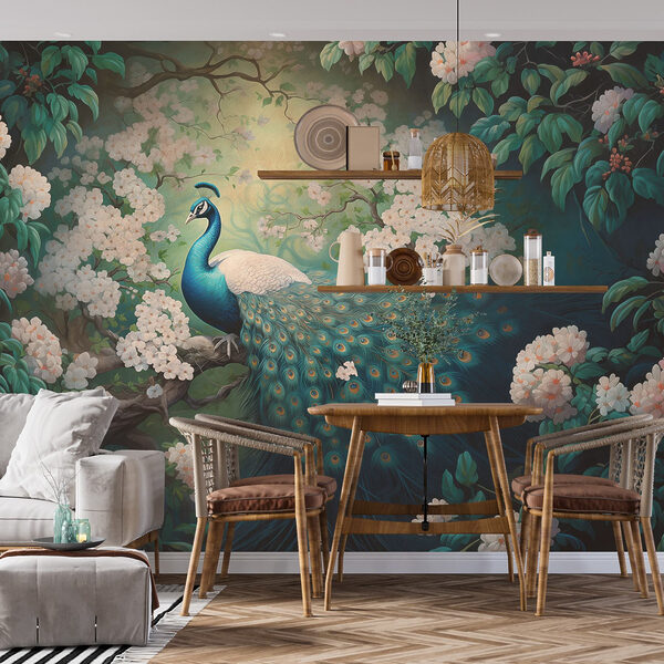 Pintura de un pavo real en la rama de un árbol Pintura de un pavo real en la rama de un árbol