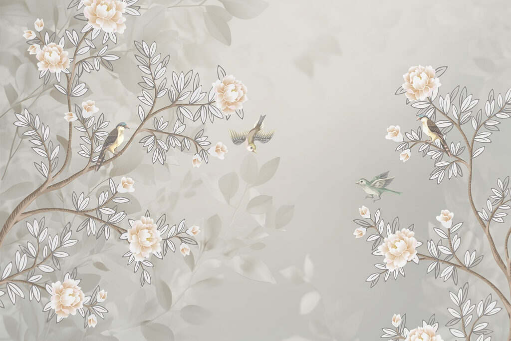 Papel pintado con pájaros en la rama de un árbol Papel pintado con pájaros en la rama de un árbol