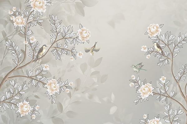 Papel pintado con pájaros en la rama de un árbol Papel pintado con pájaros en la rama de un árbol