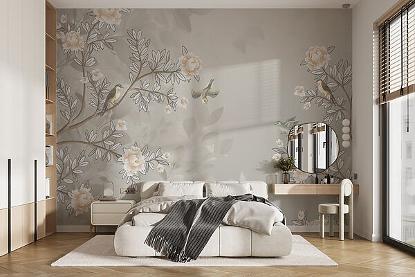 Papel pintado con pájaros en la rama de un árbol Papel pintado con pájaros en la rama de un árbol