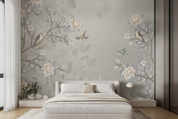 Papel pintado con pájaros en la rama de un árbol Papel pintado con pájaros en la rama de un árbol