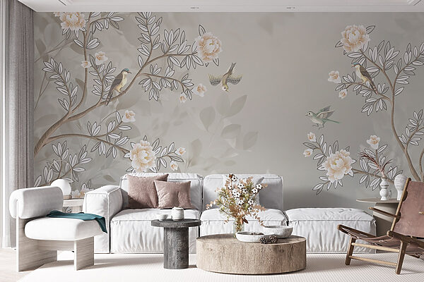 Papel pintado con pájaros en la rama de un árbol Papel pintado con pájaros en la rama de un árbol