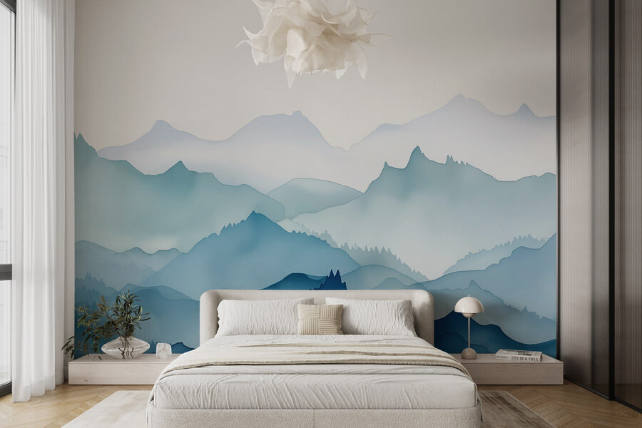 Pintura de montañas y árboles