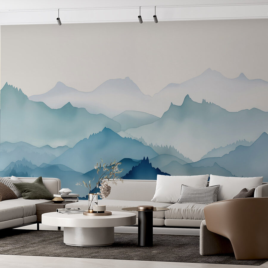 Pintura de montañas y árboles