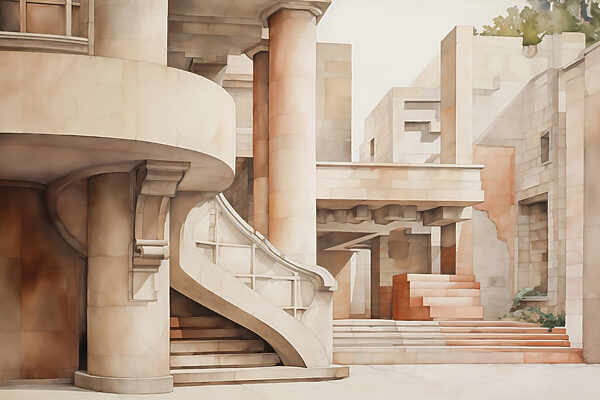 Painting of a building with stairs and steps