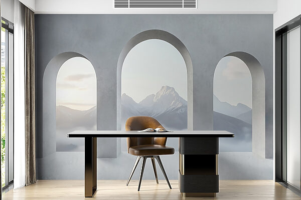 Habitación blanca con ventanas arqueadas y montañas al fondo Habitación blanca con ventanas arqueadas y montañas al fondo