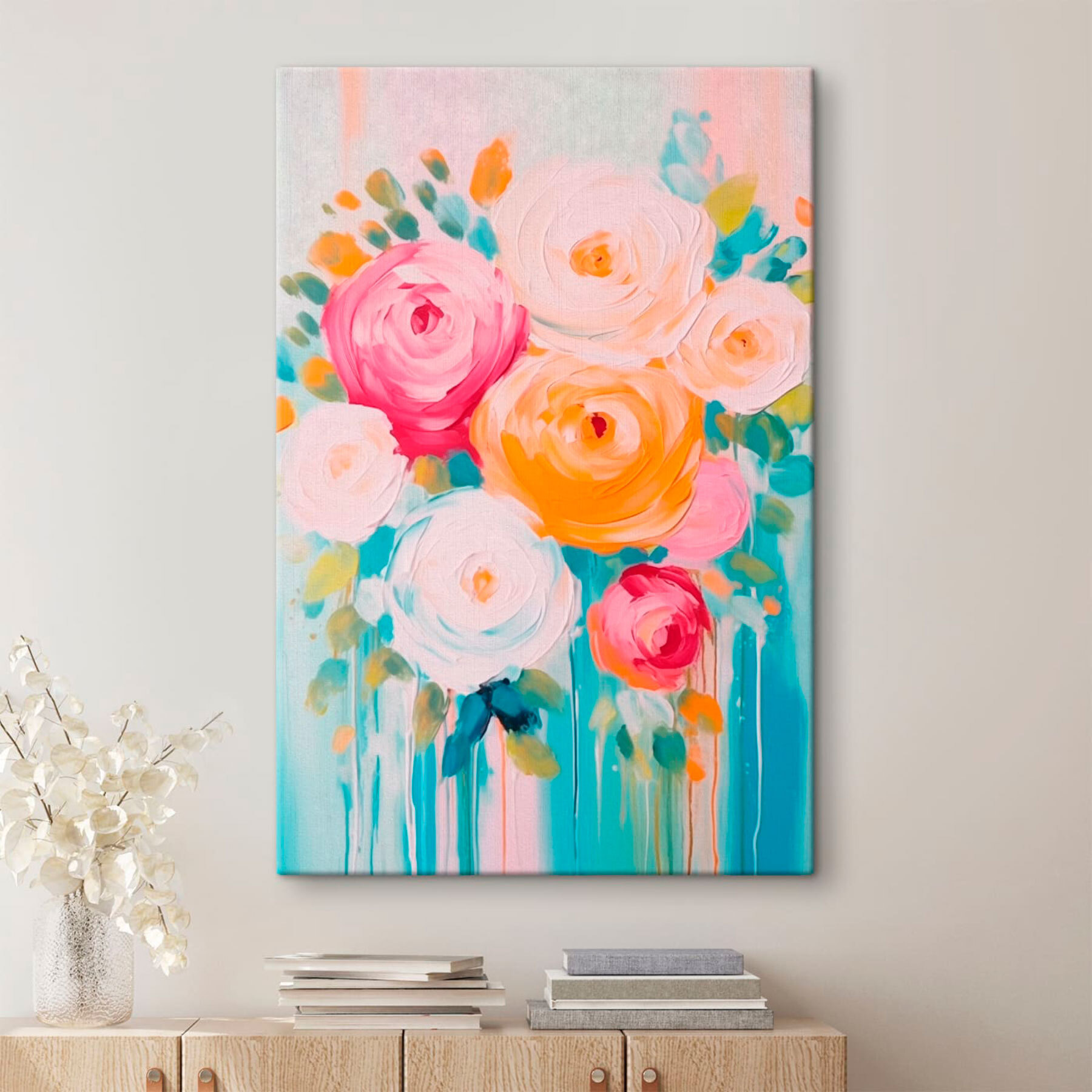 Painting of flowers on a blue surface Painting of flowers on a blue surface