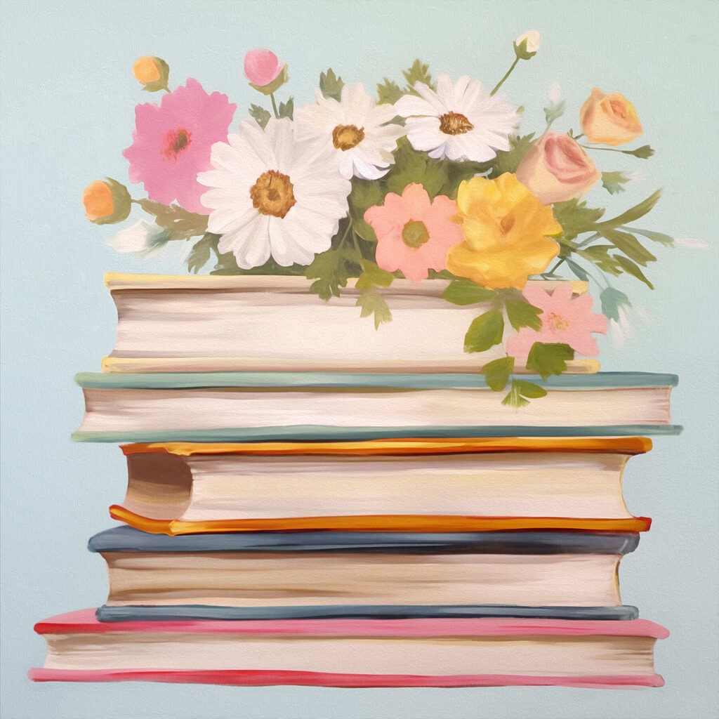 Painting of a stack of books with flowers on top Painting of a stack of books with flowers on top