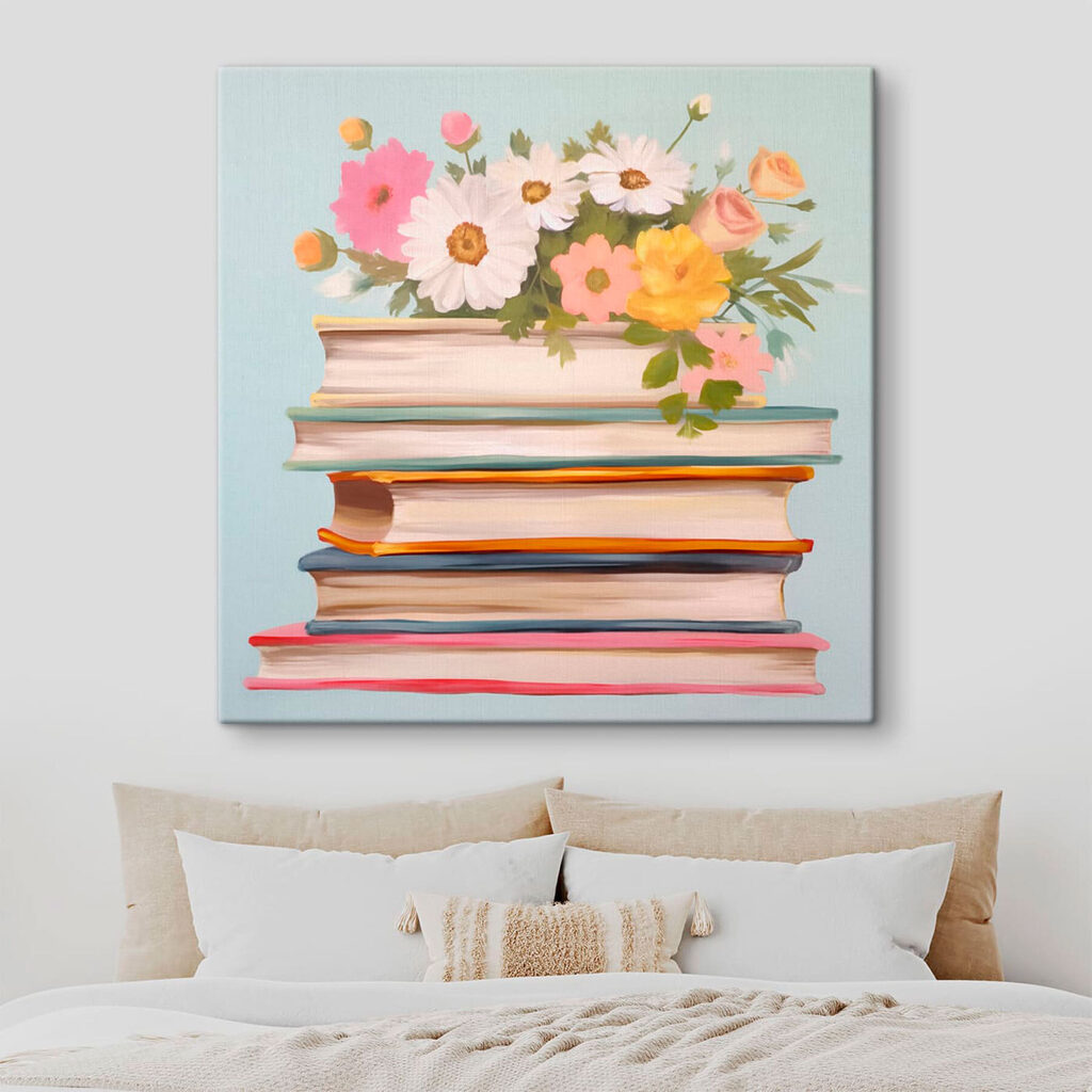 Painting of a stack of books with flowers on top Painting of a stack of books with flowers on top
