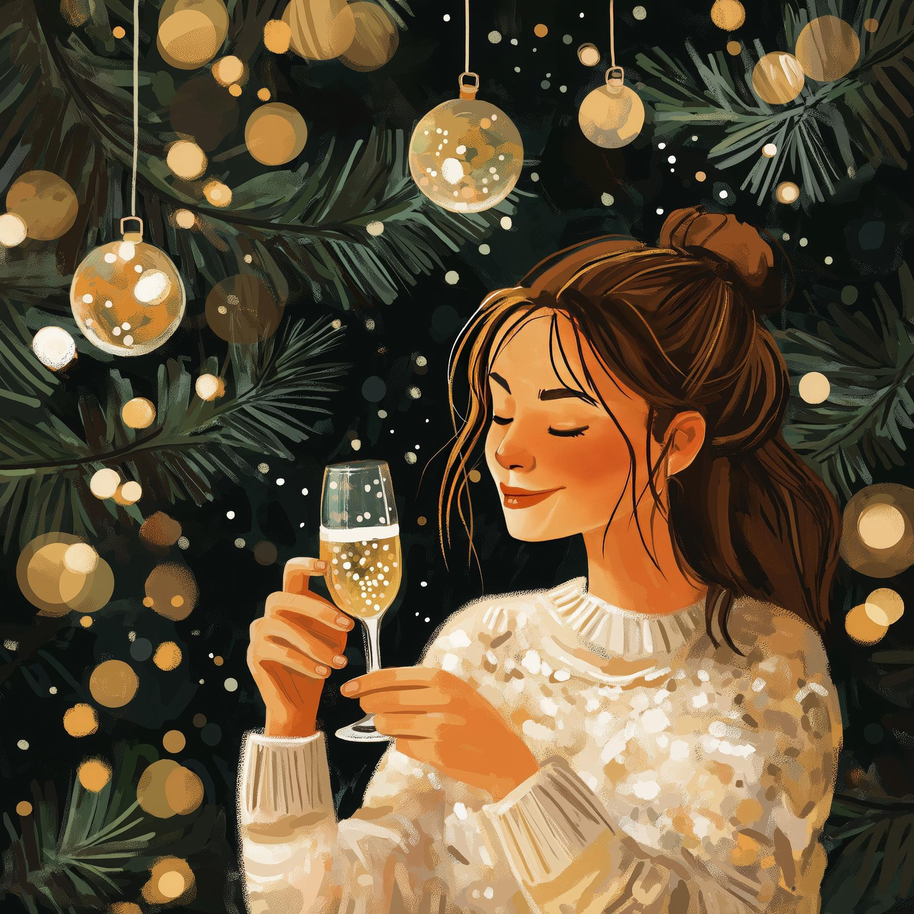 Woman holding a glass of champagne under a christmas tree Woman holding a glass of champagne under a christmas tree