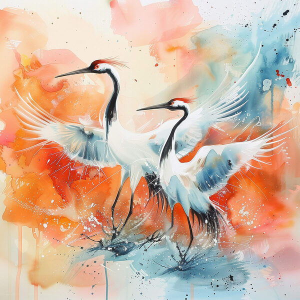 Painting of cranes with colorful background Painting of cranes with colorful background