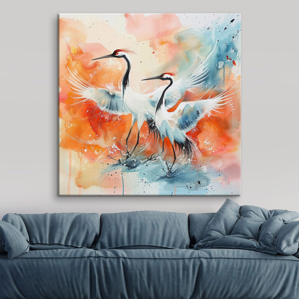Painting of cranes with colorful background Painting of cranes with colorful background