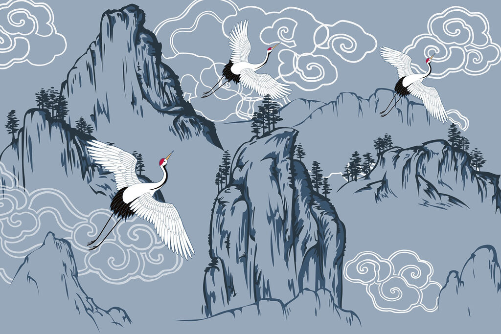 Papel pintado con pájaros volando sobre montañas Papel pintado con pájaros volando sobre montañas