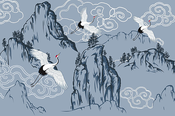 Papel pintado con pájaros volando sobre montañas Papel pintado con pájaros volando sobre montañas