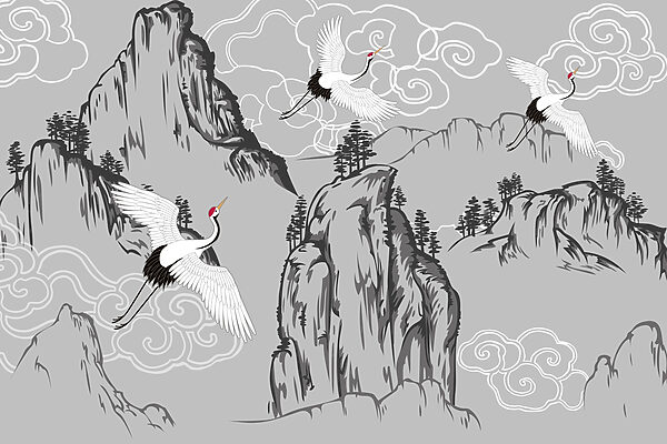Papel pintado con grullas y montañas Papel pintado con grullas y montañas