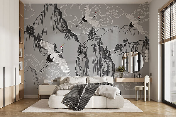 Papel pintado con grullas y montañas Papel pintado con grullas y montañas