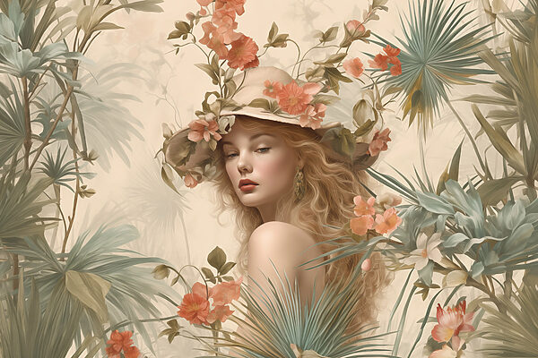 Woman in a hat surrounded by flowers Woman in a hat surrounded by flowers