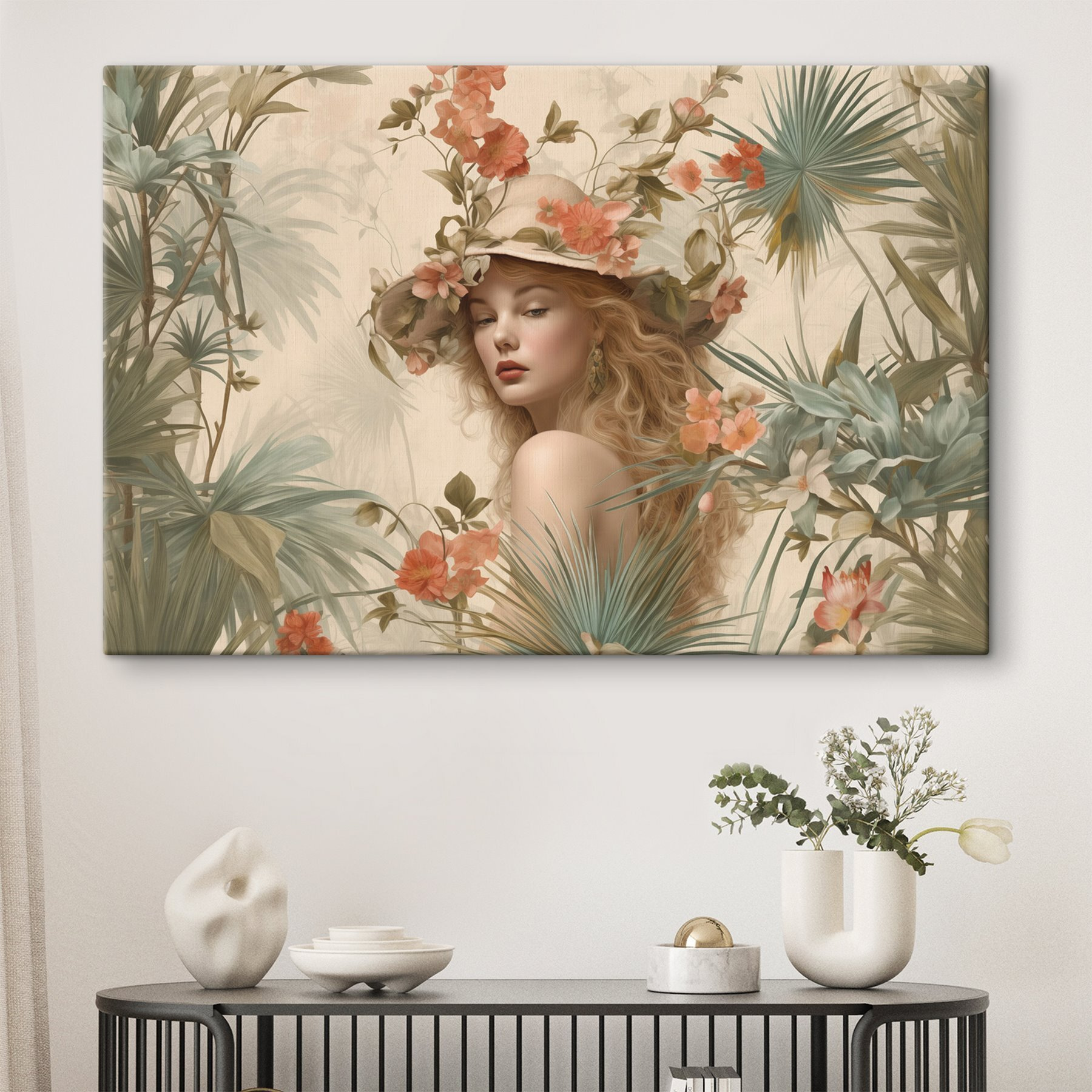 Woman in a hat surrounded by flowers Woman in a hat surrounded by flowers