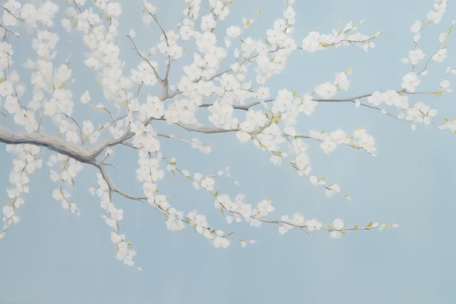 Pintura de un árbol con flores blancas