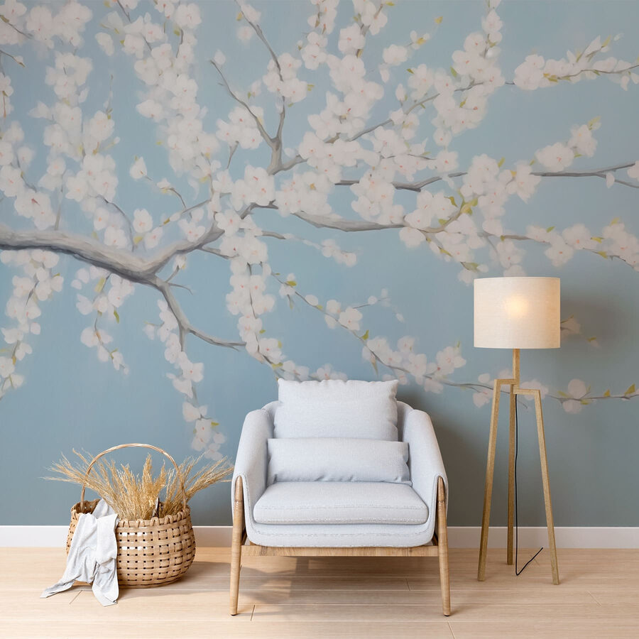Pintura de un árbol con flores blancas