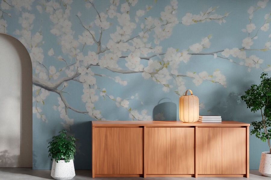 Pintura de un árbol con flores blancas