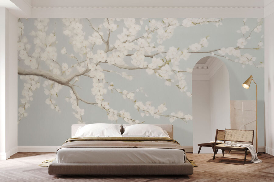Pintura de un árbol con flores blancas