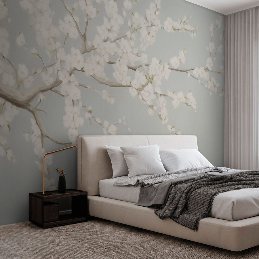 Pintura de un árbol con flores blancas