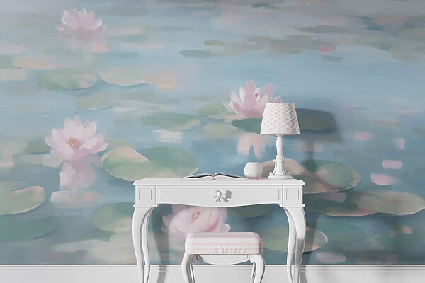 Fotomurales Fotomurales Agua con nenúfares y flores rosas (SKU: w08548)