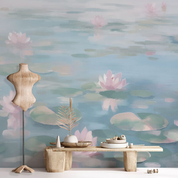 Agua con nenúfares y flores rosas Agua con nenúfares y flores rosas