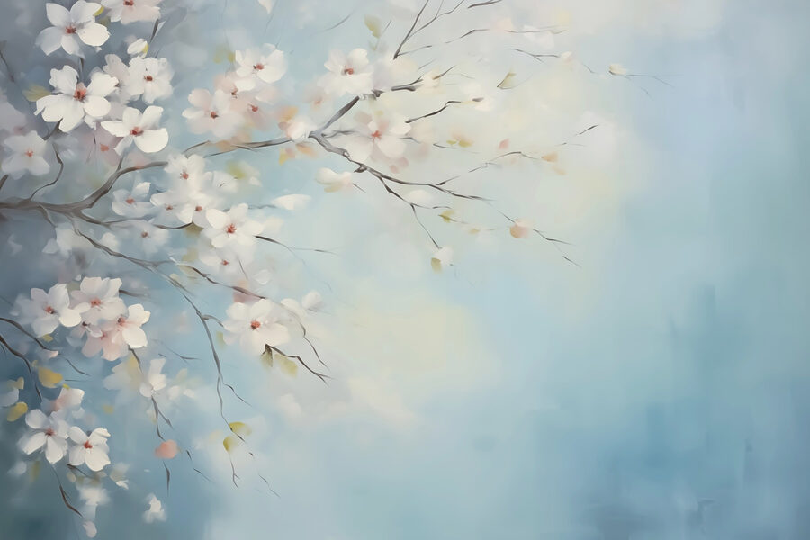 Pintura de una rama de árbol con flores blancas