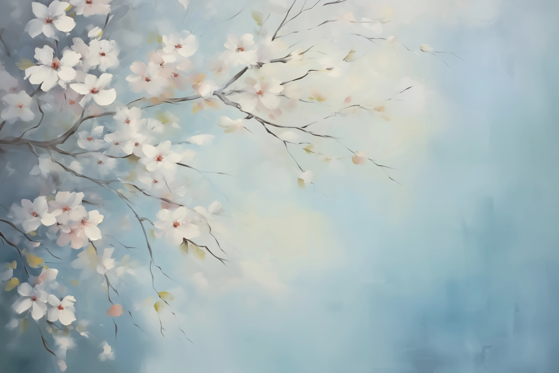 Painting of a tree branch with white flowers Painting of a tree branch with white flowers