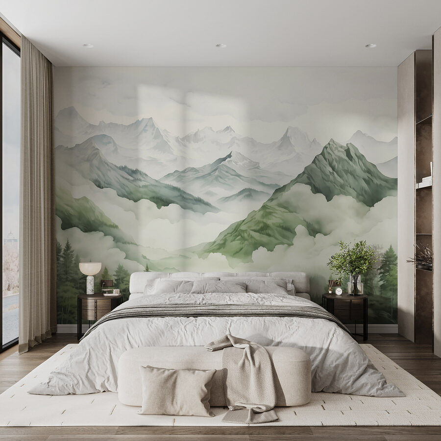 Pintura de montañas y árboles